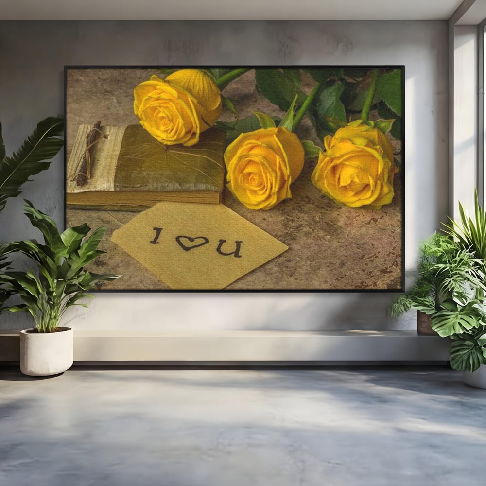 Tablou canvas cu tablou canvas cu trandafiri galbeni si jurnal, in rama de aluminiu negru